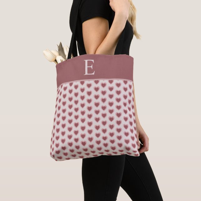 Tote Bag Monogram Retro Hearts Pink Burgundy (De près)