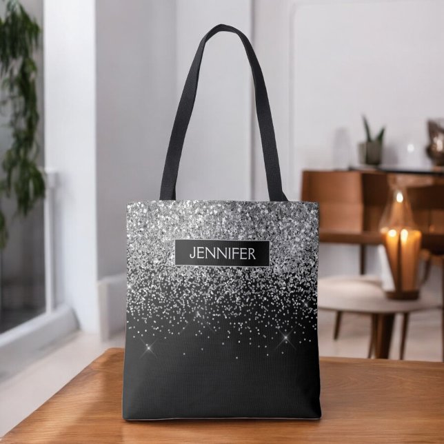 Tote Bag Monogram Silver Glam Parties scintillant Nom de l' (Créateur téléchargé)