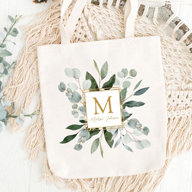 Tote Bag Monogram Watercolor Tropical Green Leaves (Close up)