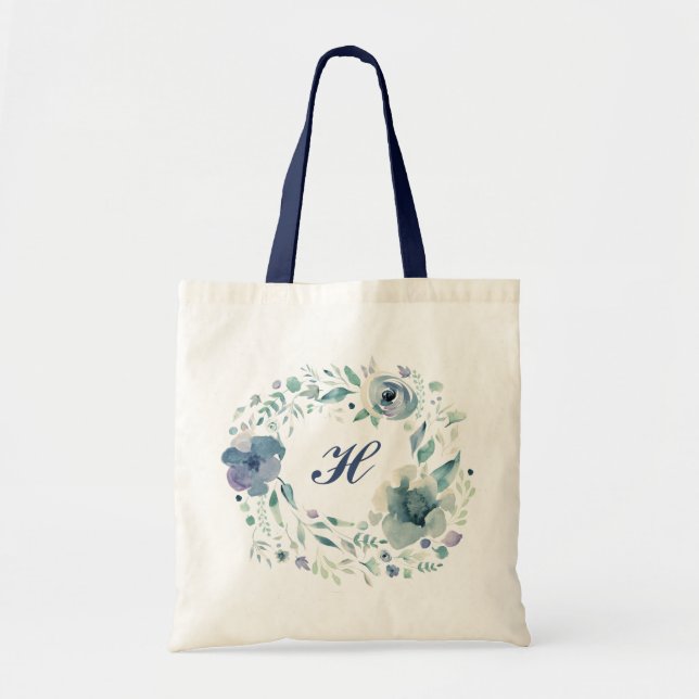 Tote Bag Monogram Watercolor Wreath Dusty Blue Elegant (Devant)