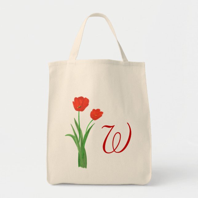 Tote Bag Monogram Wedding tote bags, Red Tulips (Devant)
