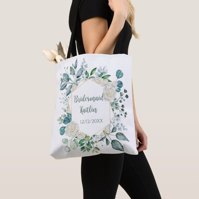 Tote Bag Monogram White Rose Fleurs Eucalyptus Demoiselle d (De près)