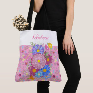 Tote Bag Monogram Wildflowers butterfly floral design pink