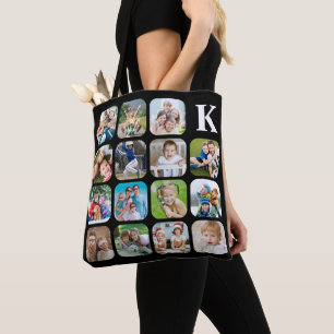 Tote Bag Monogramme 15 arrondi photo collage noir