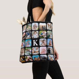Tote Bag Monogramme 24 Arrondi Photo Collage noir