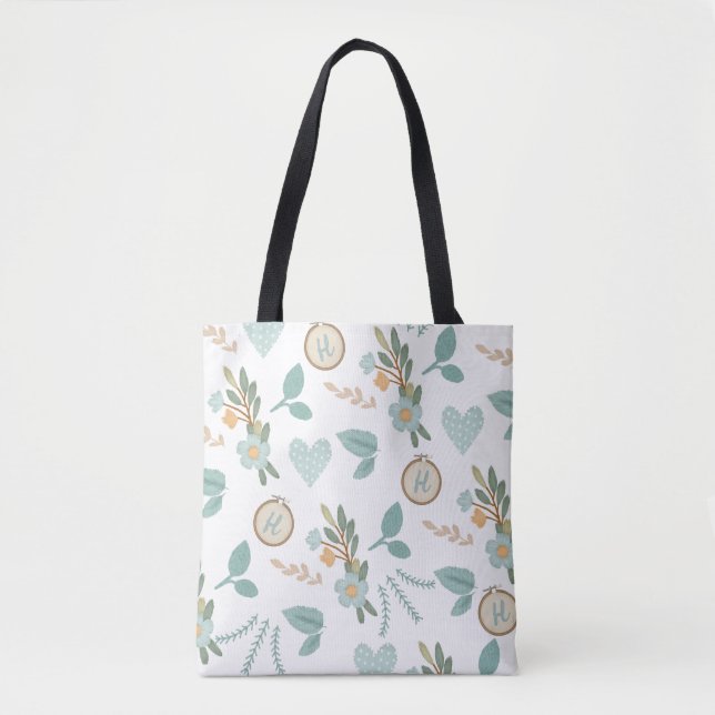 Tote Bag Monogramme à aiguilles de fleurs brodées (Devant)