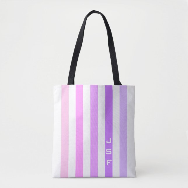 Tote Bag Monogramme à bandes verticales violettes et roses (Devant)