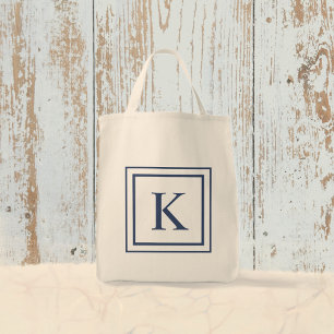 Tote Bag Monogramme à bordure carrée bleu marine et blanc