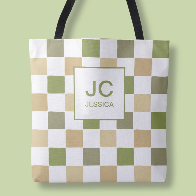 Tote Bag Monogramme à carreaux vert simple moderne Initiale (Monogram Checkered Green Modern Simple Initals Tote Bag)