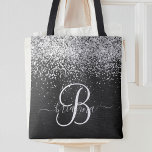 Tote Bag Monogramme à étincelle noire à Parties scintillant<br><div class="desc">Personnalisez facilement ce sac fourre-tout élégant et branché avec une jolie parties scintillant brillante argentée sur un arrière - plan métallique brossé noir.</div>