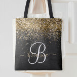 Tote Bag Monogramme à étincelle noire à Parties scintillant<br><div class="desc">Personnalisez facilement ce sac fourre-tout élégant et branché avec une jolie parties scintillant dorée brillante sur un arrière - plan métallique brossé noir.</div>