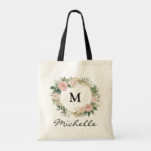 Tote Bag Monogramme à la mode Bourgogne Floral Wreath Nom d