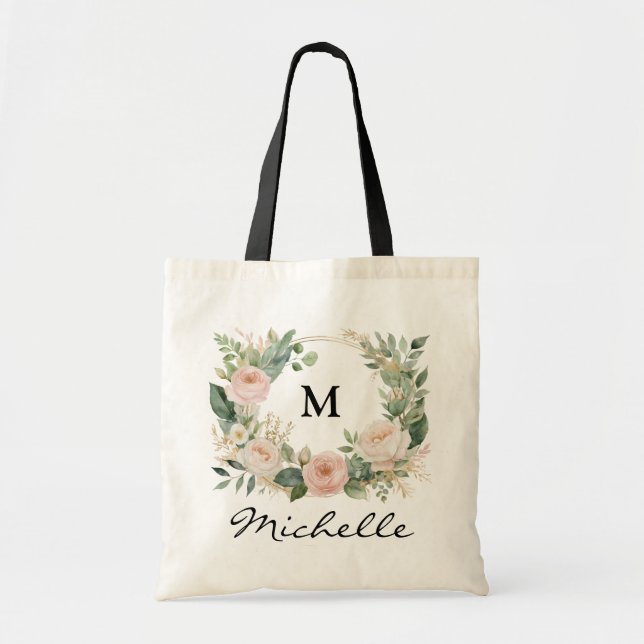 Tote Bag Monogramme à la mode Bourgogne Floral Wreath Nom d (Devant)