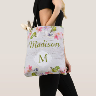 Tote Bag Monogramme à la mode en bois rustique Floral
