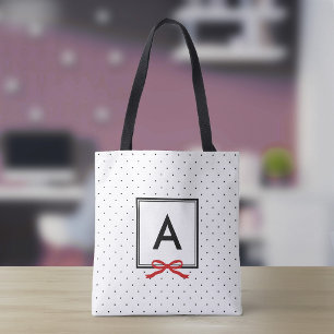 Tote Bag Monogramme à motif à pois avec ruban rouge chic