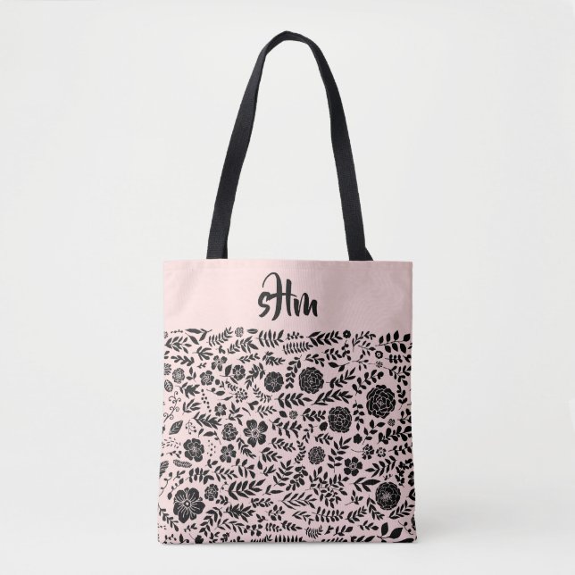 Tote Bag Monogramme à motifs floraux noirs rose pâle (Devant)