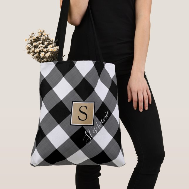 Tote Bag Monogramme à plat de buffle rustique noir et blanc (De près)