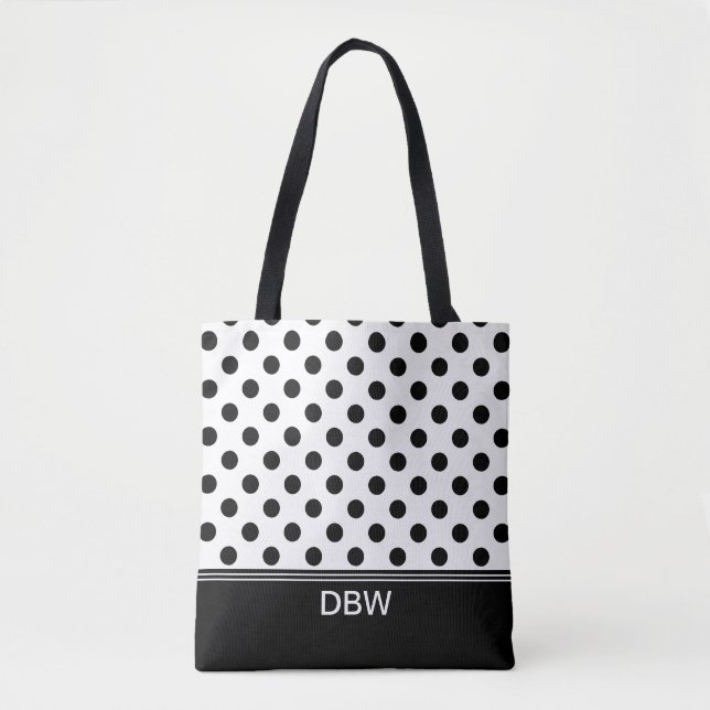 Tote Bag Monogramme à points Polka noir et blanc classique (Devant)