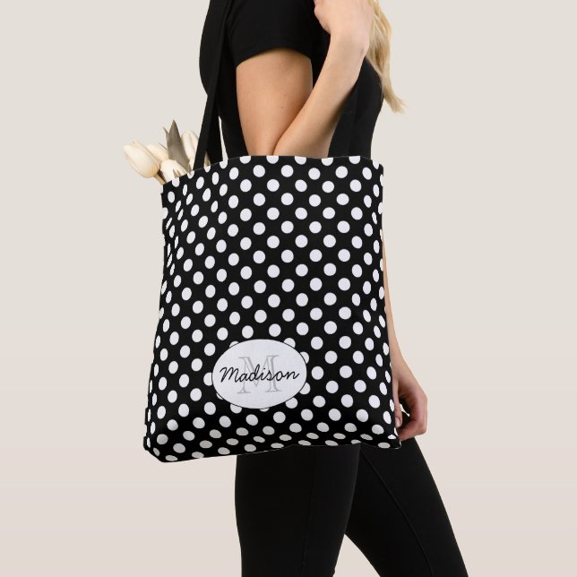 Tote Bag Monogramme à pois noir et blanc tendance (De près)