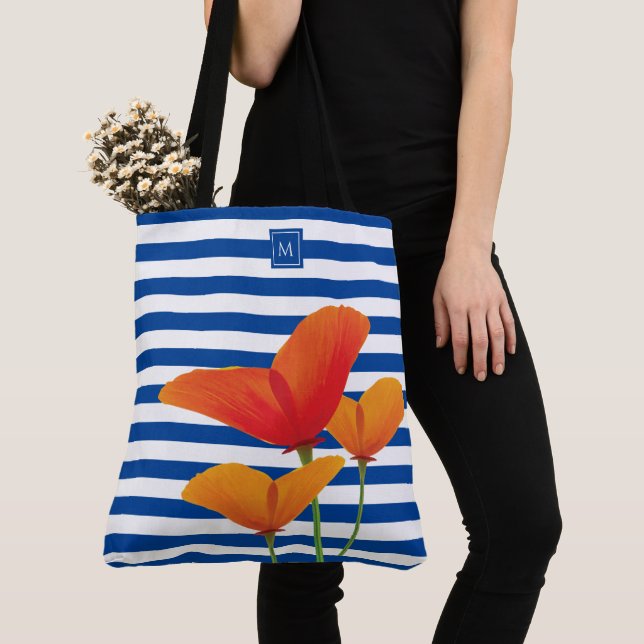Tote Bag Monogramme à rayures bleu chic (De près)