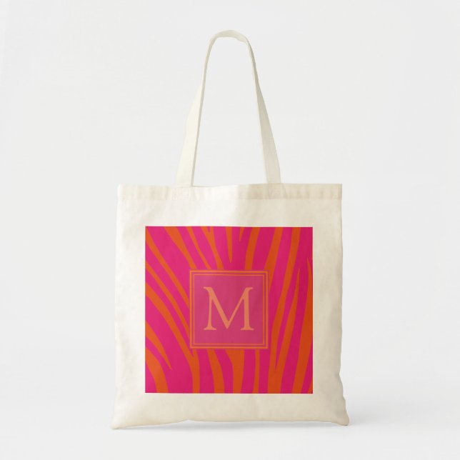 Tote Bag Monogramme à rayures de zèbre rose et orange (Devant)