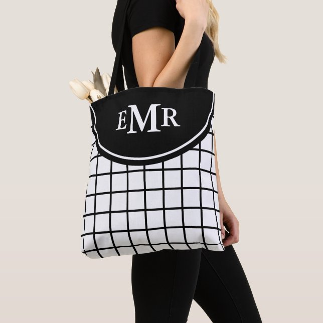 Tote Bag Monogramme à rayures en damier noir et blanc class (De près)