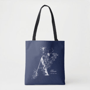 Tote Bag Monogramme A Rustic floral Navy Blue personnalisé