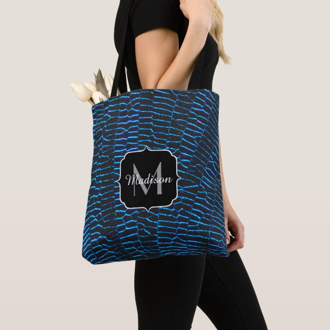 Tote Bag Monogramme abstrait bleu brillant métallique (De près)