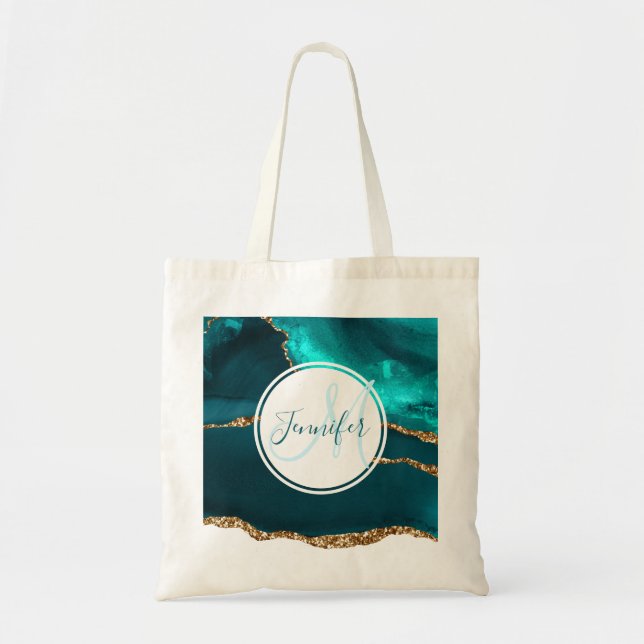 Tote Bag Monogramme Abstrait moderne Turquoise & Gold Agate (Devant)