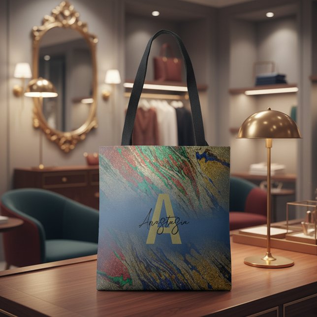 Tote Bag Monogramme Abstrait Pailleté Or Luxe Glam Marbre (Créateur téléchargé)