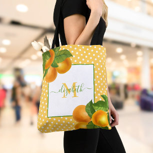 Tote Bag Monogramme agrumes oranges aquarelles points rusti