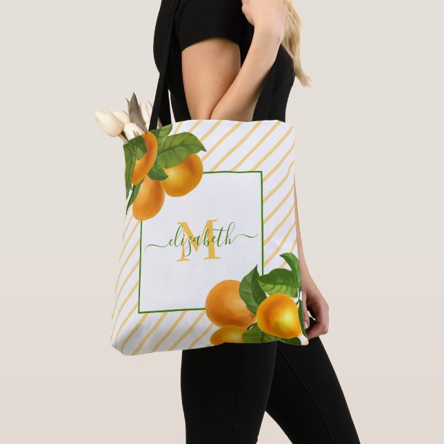Tote Bag Monogramme agrumes oranges rustiques rayures d'aqu (De près)