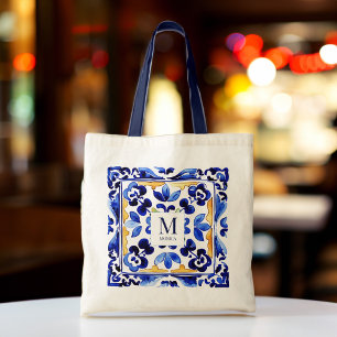 Tote Bag Monogramme Amalfi Vietri Italien carreaux bleus ca