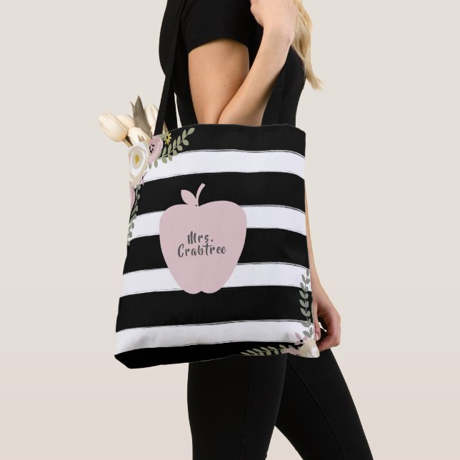 Tote Bag Monogramme Apple Nom Dusty Floral Noir & Blanc (De près)
