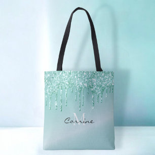 Tote Bag Monogramme Aqua Blue Pailleté Métallisé Nom