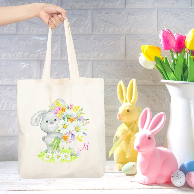 Tote Bag Monogramme Aquarelle Cute Lapin Floral Lapin Lapin (Créateur téléchargé)