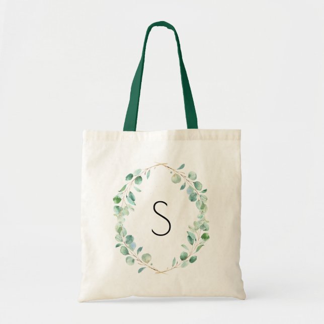 Tote Bag Monogramme Aquarelle Eucalyptus Vert (Devant)