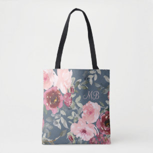 Tote Bag Monogramme Aquarelle rose Bourgogne moderne Floral