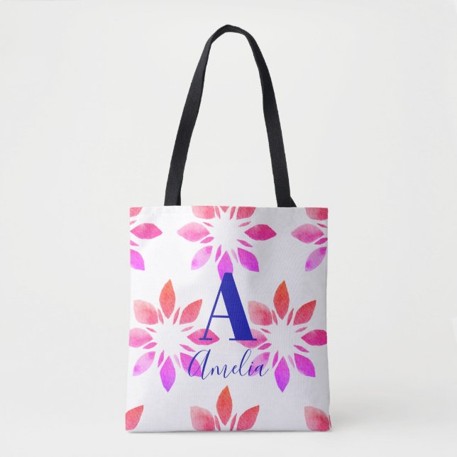 Tote Bag Monogramme Aquarelle rose chaud Rétro Floral (Devant)