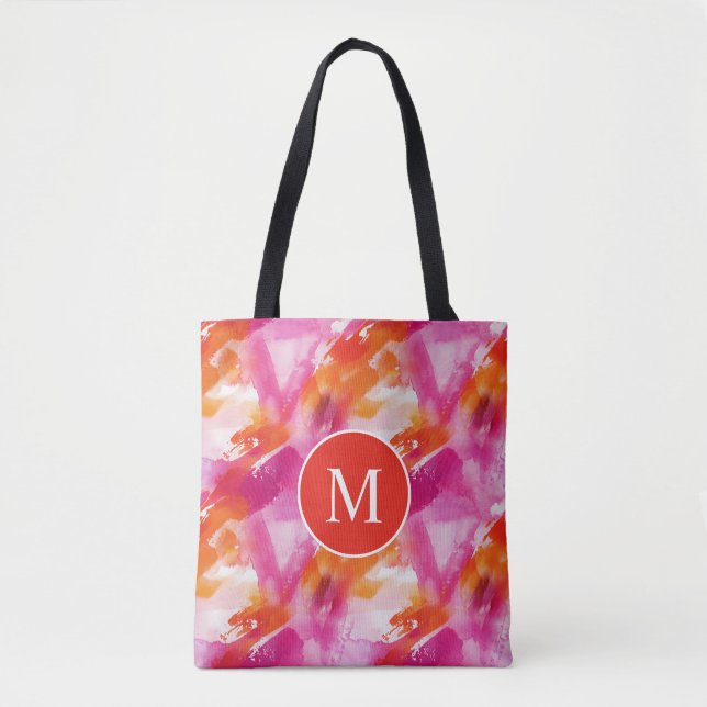 Tote Bag Monogramme Aquarelle rose orange Abstrait (Devant)