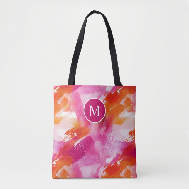 Tote Bag Monogramme Aquarelle rose orange Abstrait (Devant)