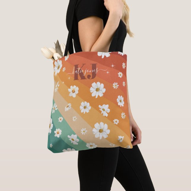 Tote Bag Monogramme Arc-en-ciel Floral Retro Daisy (De près)