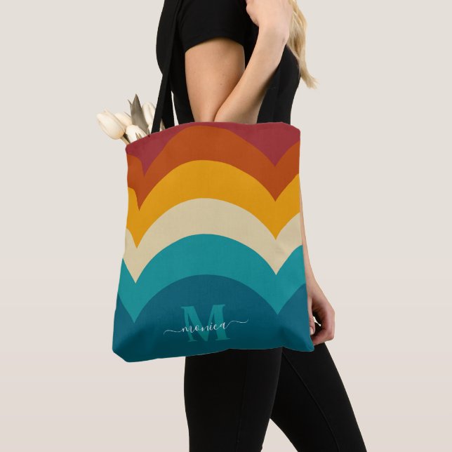 Tote Bag Monogramme arc-en-ciel Nom personnalisé Retro Suns (De près)