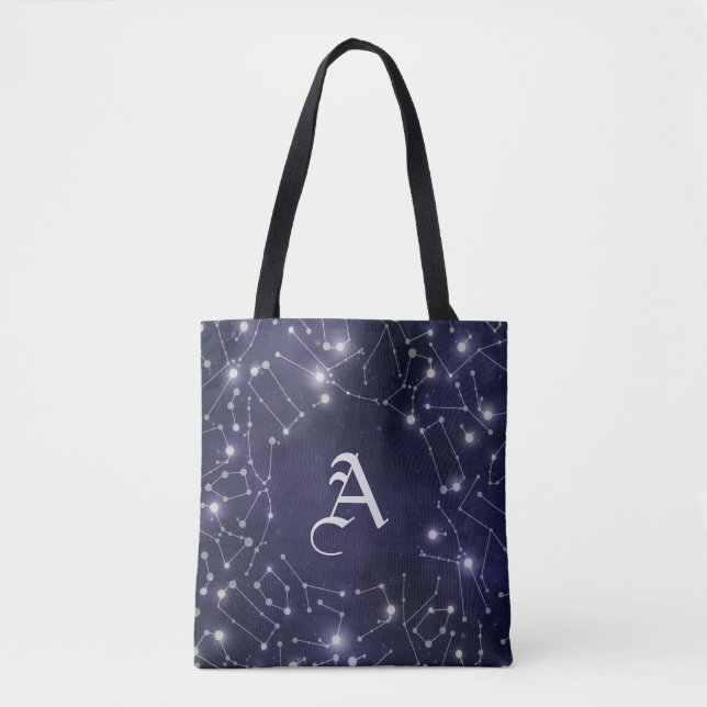 Tote Bag Monogramme argenté des constellations | (Devant)