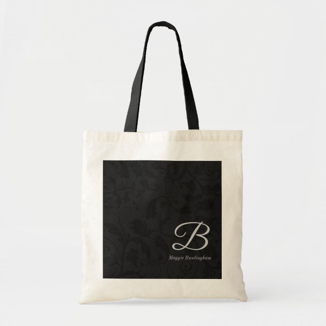 Tote Bag Monogramme argenté sur Damas noir (Devant)