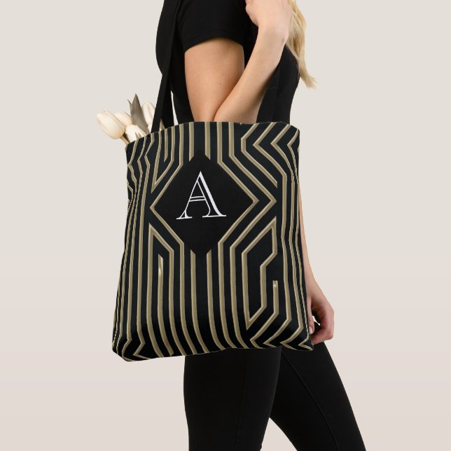 Tote Bag Monogramme Art Déco élégant en or noir (De près)