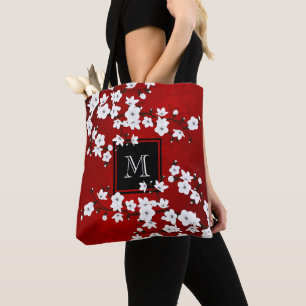 Tote Bag Monogramme asiatique Floral Rouge Blanc Cerisier F