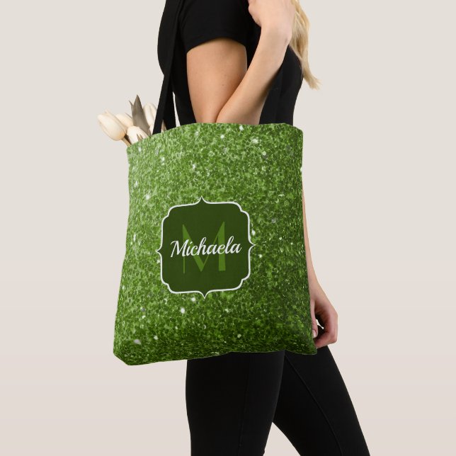 Tote Bag Monogramme avec des paillettes fausses vert clair  (De près)