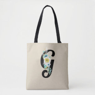 Tote Bag Monogramme avec motif floral blanc et aqua