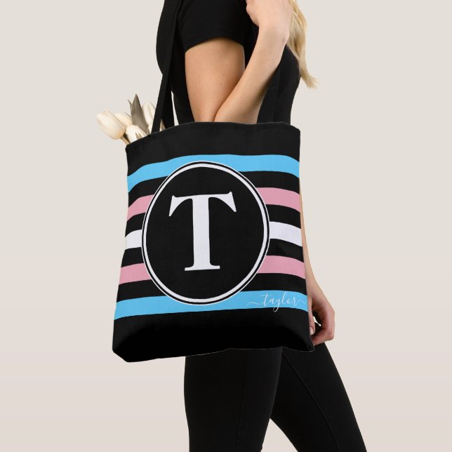 Tote Bag Monogramme Bandes Transgenre Nom Fierté Gay Noir (De près)